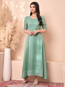 Divindia Floral Pattern Puff Sleeve Dress - Green - View 5