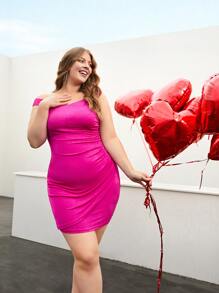 SHEIN SXY Vestido ajustado de hombros descubiertos fruncido lateral - Rosa Fucsia - Ver 1