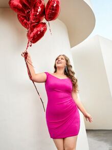 SHEIN SXY Vestido ajustado de hombros descubiertos fruncido lateral - Rosa Fucsia - Ver 2