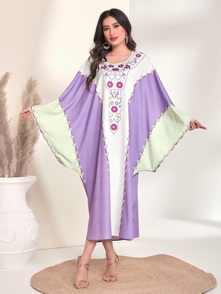 Al Najma 印花撞色蝙蝠袖土耳其長袍 - 彩色 - 查看 1