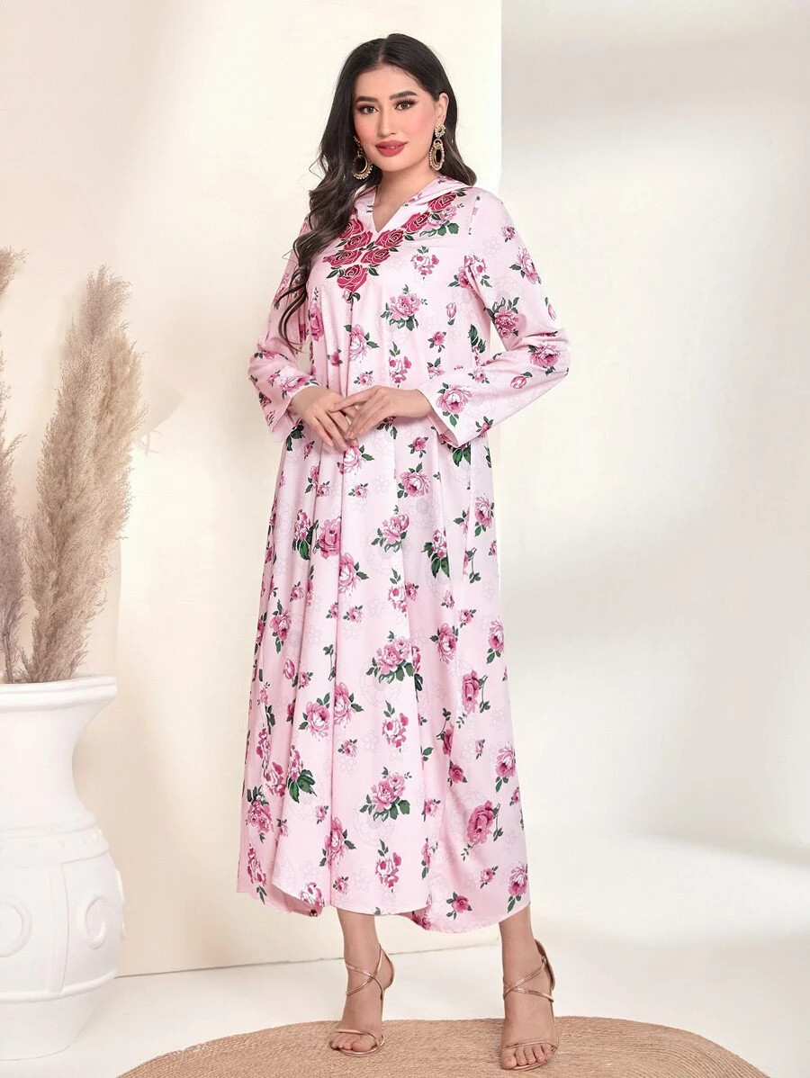 Al Najma Váy Ả Rập Tương phản ren Hoa Tất cả trên in Boho - Màu Hồng baby - Xem 1