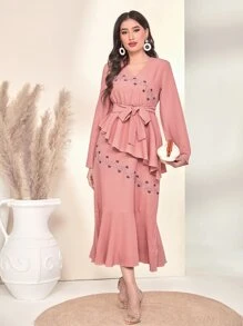 Al Najma Embroidery Floral Belted Peplum Dress