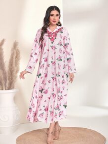 Al Najma Váy Ả Rập Tương phản ren Hoa Tất cả trên in Boho - Màu Hồng baby - Xem 5