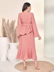 Al Najma Embroidery Floral Belted Peplum Dress