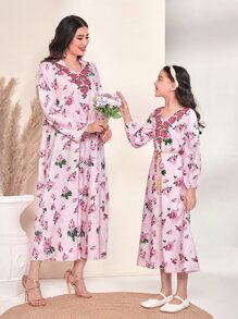 Al Najma Váy Ả Rập Tương phản ren Hoa Tất cả trên in Boho - Màu Hồng baby - Xem 6