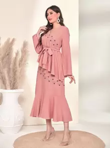 Al Najma Embroidery Floral Belted Peplum Dress
