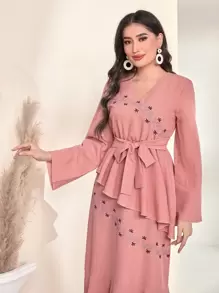 Al Najma Embroidery Floral Belted Peplum Dress