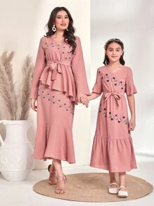 Al Najma Embroidery Floral Belted Peplum Dress