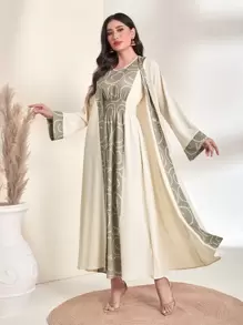 Al Najma Graphic Print Dress & Trumpet Sleeve Coat - Apricot - View 1