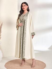 Al Najma Graphic Print Dress & Trumpet Sleeve Coat - Apricot - View 3