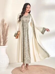 Al Najma Graphic Print Dress & Trumpet Sleeve Coat - Apricot - View 6