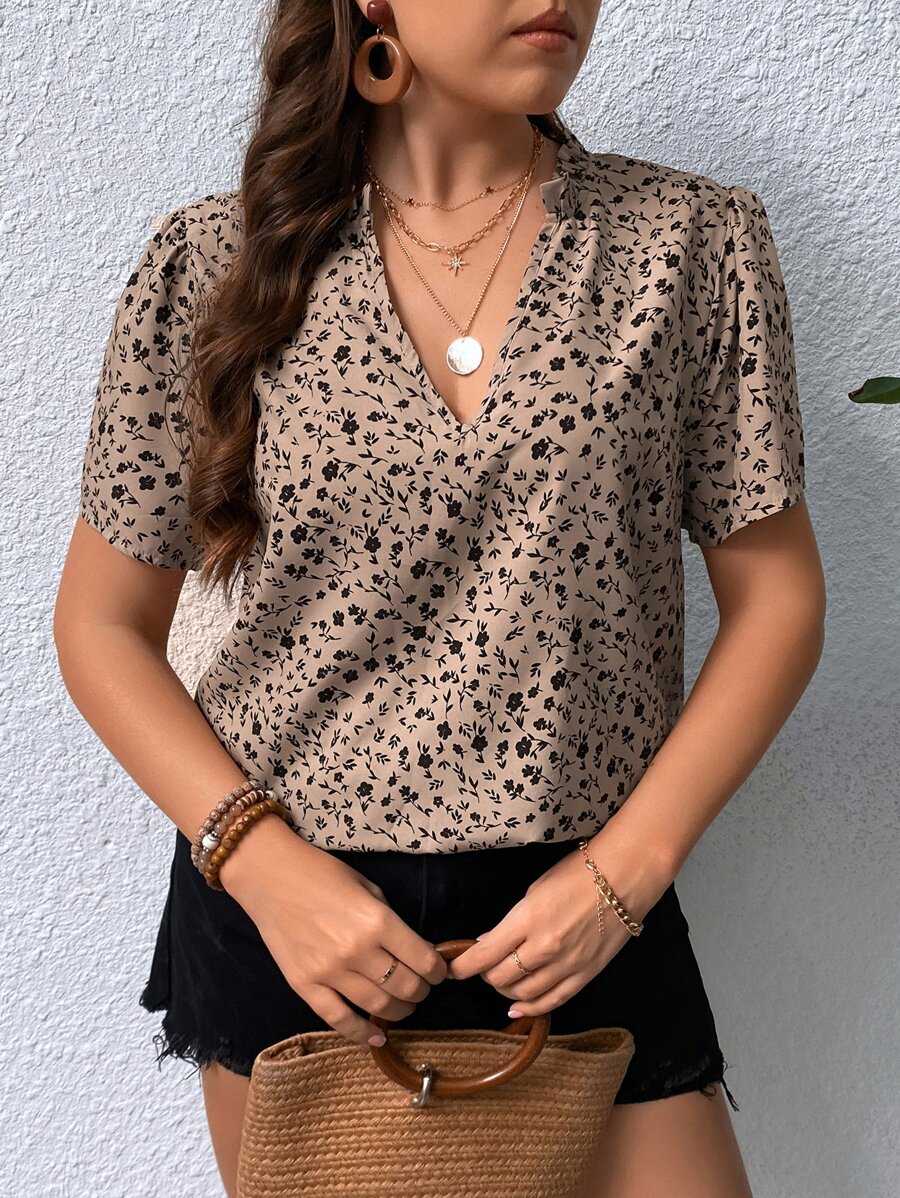 SHEIN LUNE 夏季碎花印花缺口领泡泡袖衬衫 - 彩色 - 查看 1