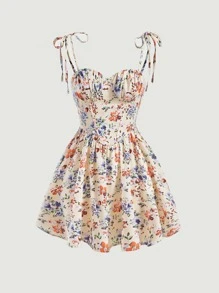 SHEIN MOD Vestido de tirantes con estampado floral de hombros con cordón pecho con fruncido - Multicolor - Ver 1