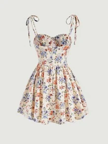 SHEIN MOD Vestido de tirantes con estampado floral de hombros con cordón pecho con fruncido - Multicolor - Ver 2