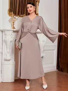 Al Najma Vestido girante delantero con cuenta de perla manga de campana - Albaricoque - Ver 1