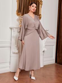 Al Najma Vestido girante delantero con cuenta de perla manga de campana - Albaricoque - Ver 3