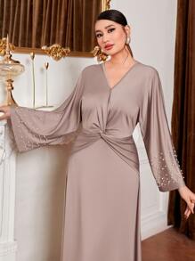 Al Najma Vestido girante delantero con cuenta de perla manga de campana - Albaricoque - Ver 4