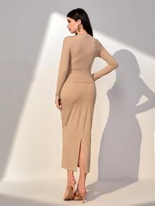 Modelyn Camiseta unicolor tejida de canalé & Falda fruncido - Caqui - Ver 2