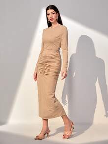 Modelyn Camiseta unicolor tejida de canalé & Falda fruncido - Caqui - Ver 3