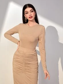 Modelyn Camiseta unicolor tejida de canalé & Falda fruncido - Caqui - Ver 5