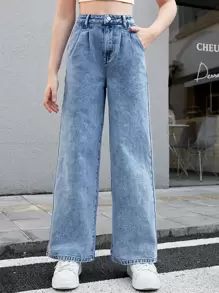 SHEIN 青少年女孩褶皺直筒牛仔褲 - 中等水洗藍 - 查看 1