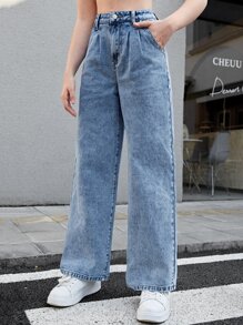 SHEIN 青少年女孩褶皺直筒牛仔褲 - 中等水洗藍 - 查看 5