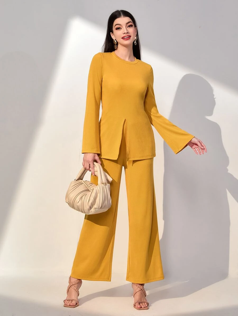 Mulvari Solid Split Hem Tee & Wide Leg Trousers - Yellow - View 1