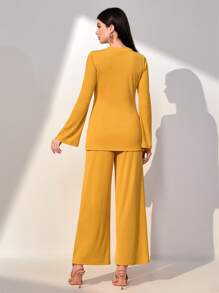 Mulvari Solid Split Hem Tee & Wide Leg Trousers - Yellow - View 2