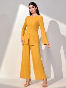 Mulvari Solid Split Hem Tee & Wide Leg Trousers - Yellow - View 3