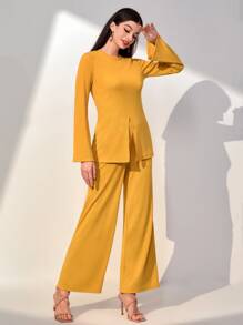 Mulvari Solid Split Hem Tee & Wide Leg Trousers - Yellow - View 4