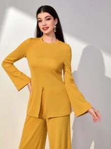 Mulvari Solid Split Hem Tee & Wide Leg Trousers - Yellow - View 5