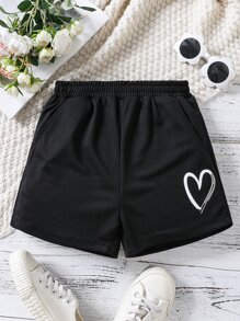Girls Heart Print Slant Pocket Shorts - Black - View 1