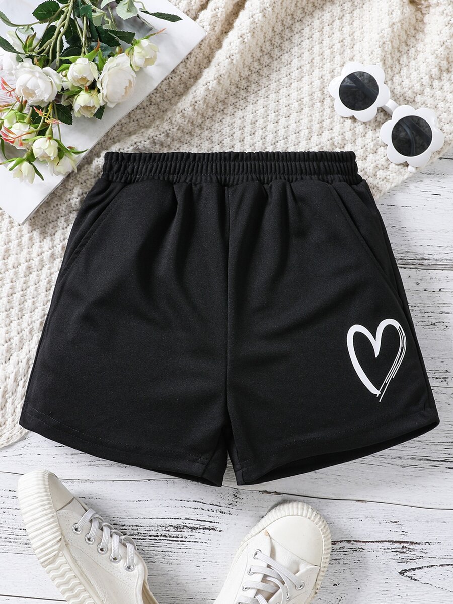 Girls Heart Print Slant Pocket Shorts - Black - View 1