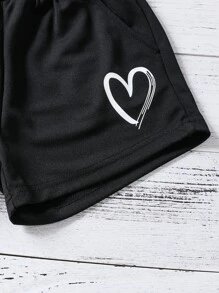 Girls Heart Print Slant Pocket Shorts - Black - View 7
