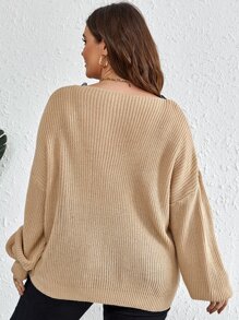 SHEIN LUNE Plus Eyelash Lace Trim Drop Shoulder Jumper - Khaki - View 2