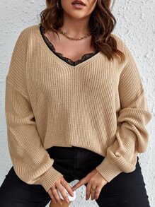 SHEIN LUNE Plus Eyelash Lace Trim Drop Shoulder Jumper - Khaki - View 3