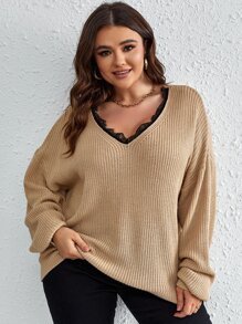 SHEIN LUNE Plus Eyelash Lace Trim Drop Shoulder Jumper - Khaki - View 4