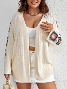 SHEIN Holidaya Plus Crochet Drop Shoulder Cardigan - Beige - View 5