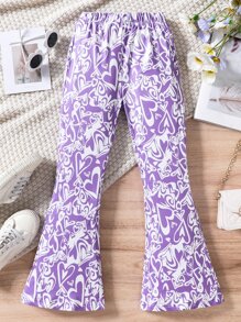 SHEIN Girls Allover Heart Print Flare Leg Trousers - Violet Purple - View 1