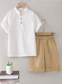 SHEIN Boys Roll Tab Sleeve Half Button Shirt & Shorts - Multicolor - View 1