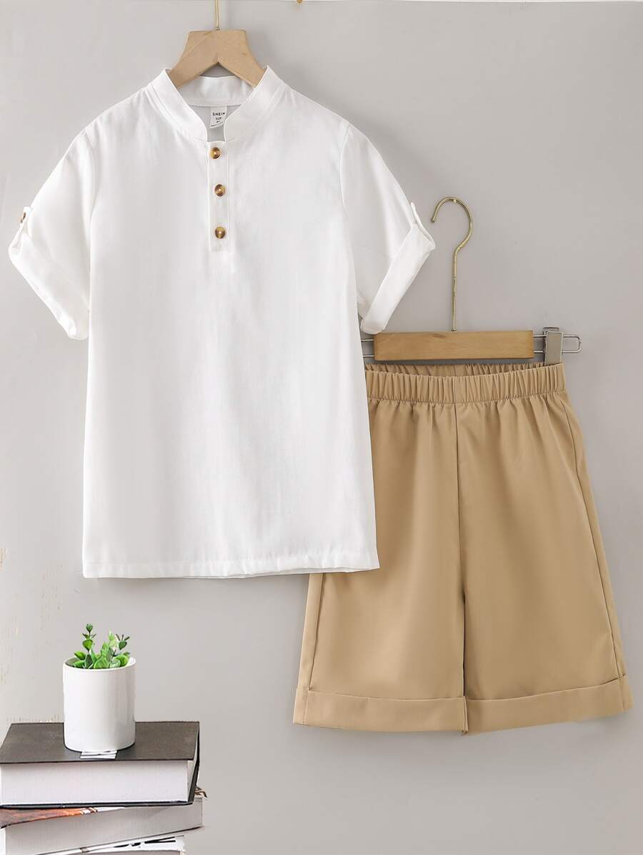 SHEIN Boys Roll Tab Sleeve Half Button Shirt & Shorts - Multicolor - View 1
