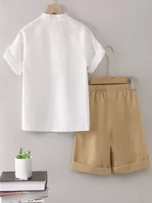 SHEIN Boys Roll Tab Sleeve Half Button Shirt & Shorts - Multicolor - View 2