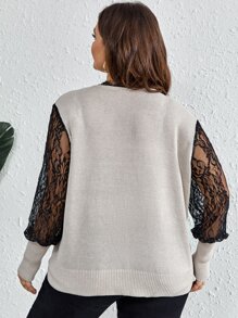 SHEIN Clasi Plus Contrast Lace Jumper - Khaki - View 2