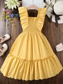 女孩荷葉邊打褶方領網眼刺繡下擺洋裝 - 黃色 - 查看 1