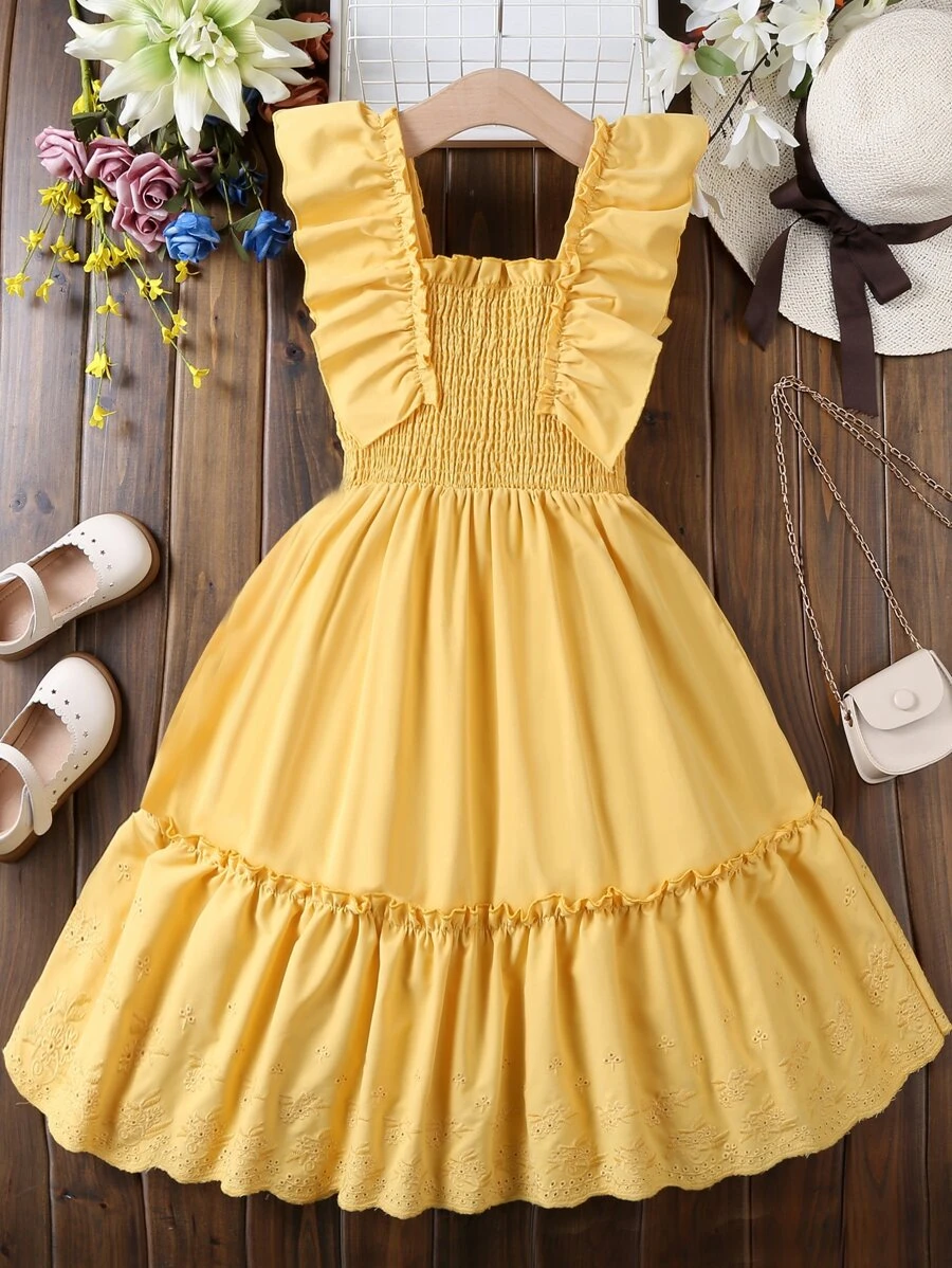 女孩荷葉邊打褶方領網眼刺繡下擺洋裝 - 黃色 - 查看 1