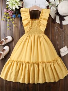 女孩荷葉邊打褶方領網眼刺繡下擺洋裝 - 黃色 - 查看 2