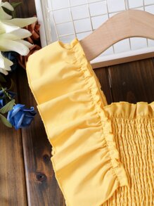 女孩荷葉邊打褶方領網眼刺繡下擺洋裝 - 黃色 - 查看 3