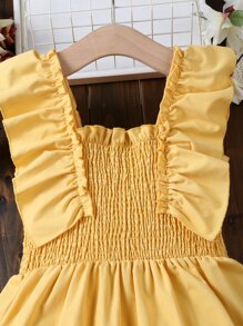 女孩荷葉邊打褶方領網眼刺繡下擺洋裝 - 黃色 - 查看 4