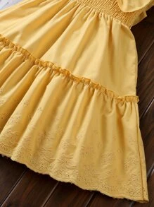 女孩荷葉邊打褶方領網眼刺繡下擺洋裝 - 黃色 - 查看 5