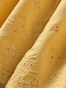 女孩荷葉邊打褶方領網眼刺繡下擺洋裝 - 黃色 - 查看 6